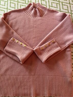 Cyrus Blush Ribbed Mock Neck Sweater with Gold Button Cuffs